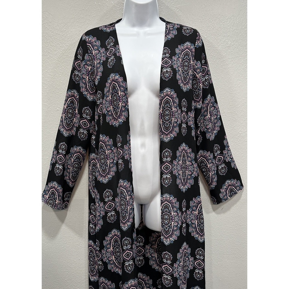 Let Them Eat Cake Kimono Long Duster Womens Size Small Black Paisley  Open Front